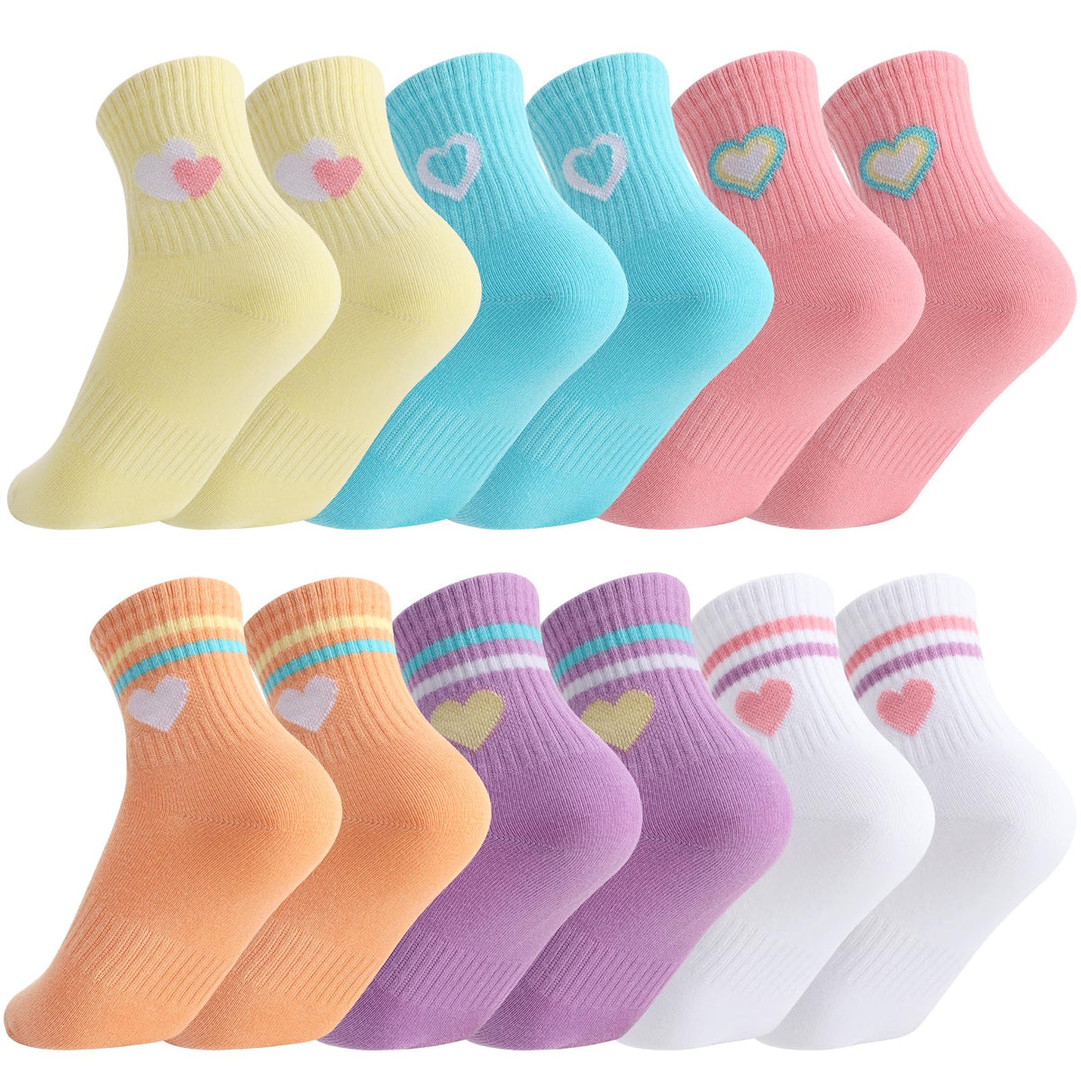Jspupifip 6 Pairs Kids Girls Pink White Crew Athletic Socks Age 3-12 Years