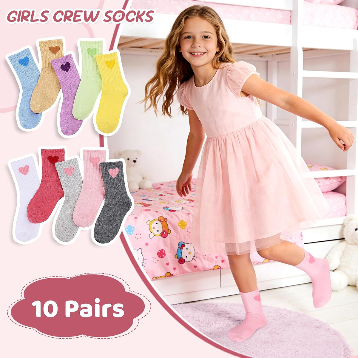 Ultrafun 10 Pairs Kids Girls Socks Cotton Crew Athletic Socks with Stripes Hearts Casual Dress Sock for Girls 3-12 Years Old