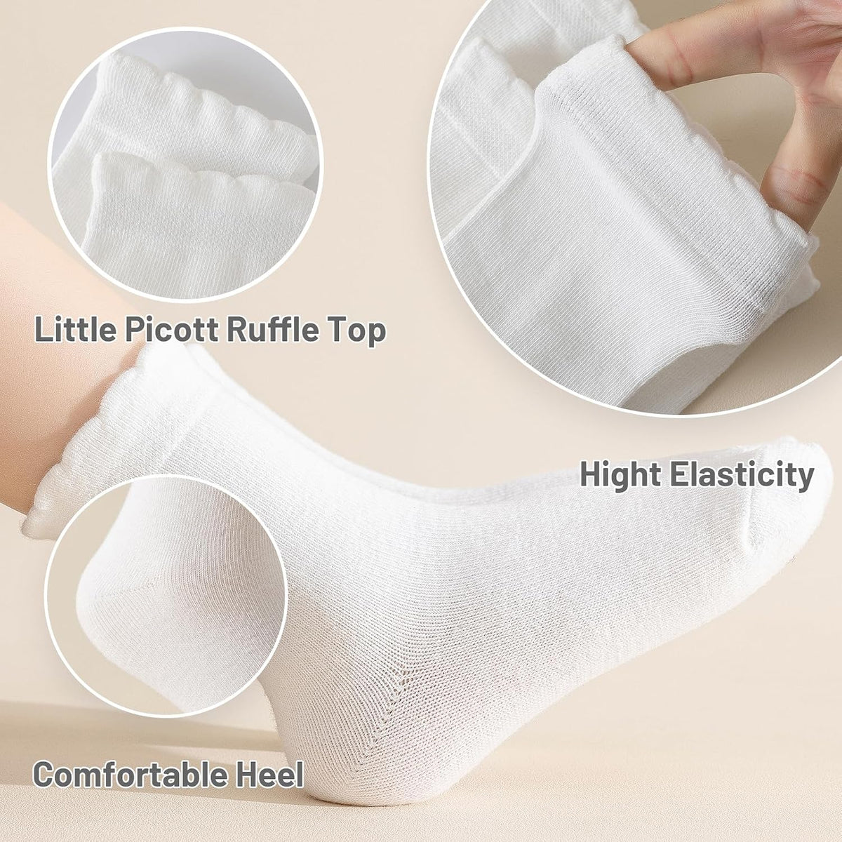 ANYANIME 6 Pair Girls White Dressy Textured Short Socks Scallop Top Design