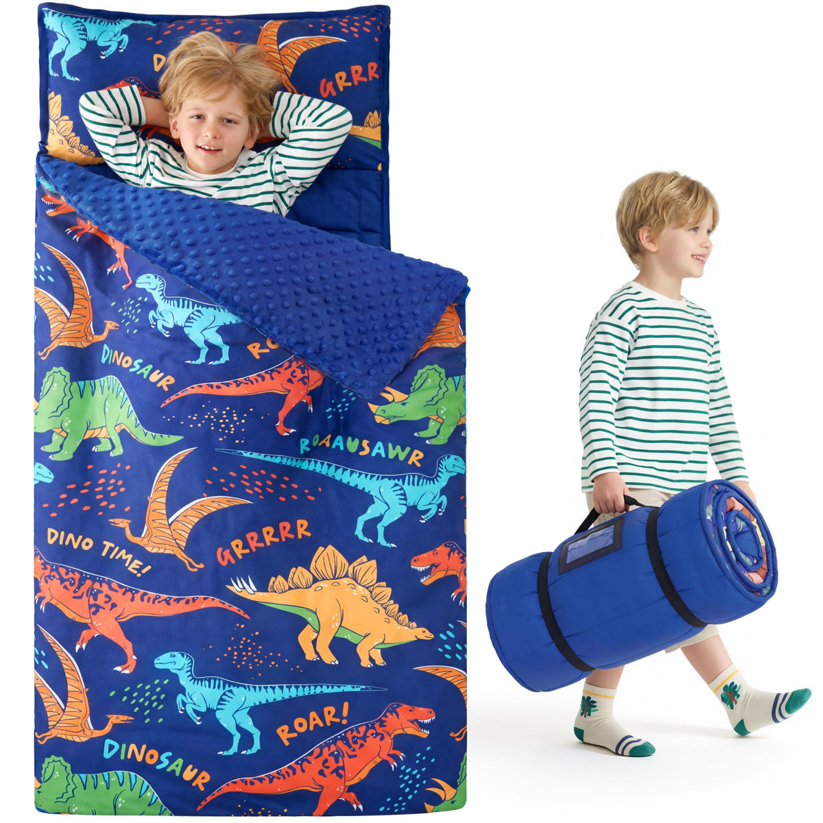 JOIEDOMI Toddler Nap Mat with Removable Pillow and Minky Blanket 55''x30'' Kids Sleeping Bag for Boys and Girls Ages 3-6 Roll Up Soft Nap Mats for Preschool Kindergarten Daycare Sleepover