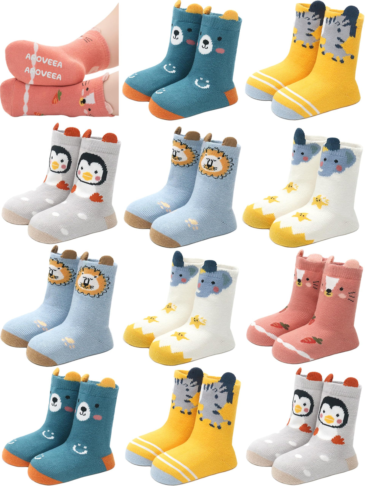 Aroveea Toddler Socks Non Slip Grip Ankle Baby 12 Pack for Kids Boys Girls