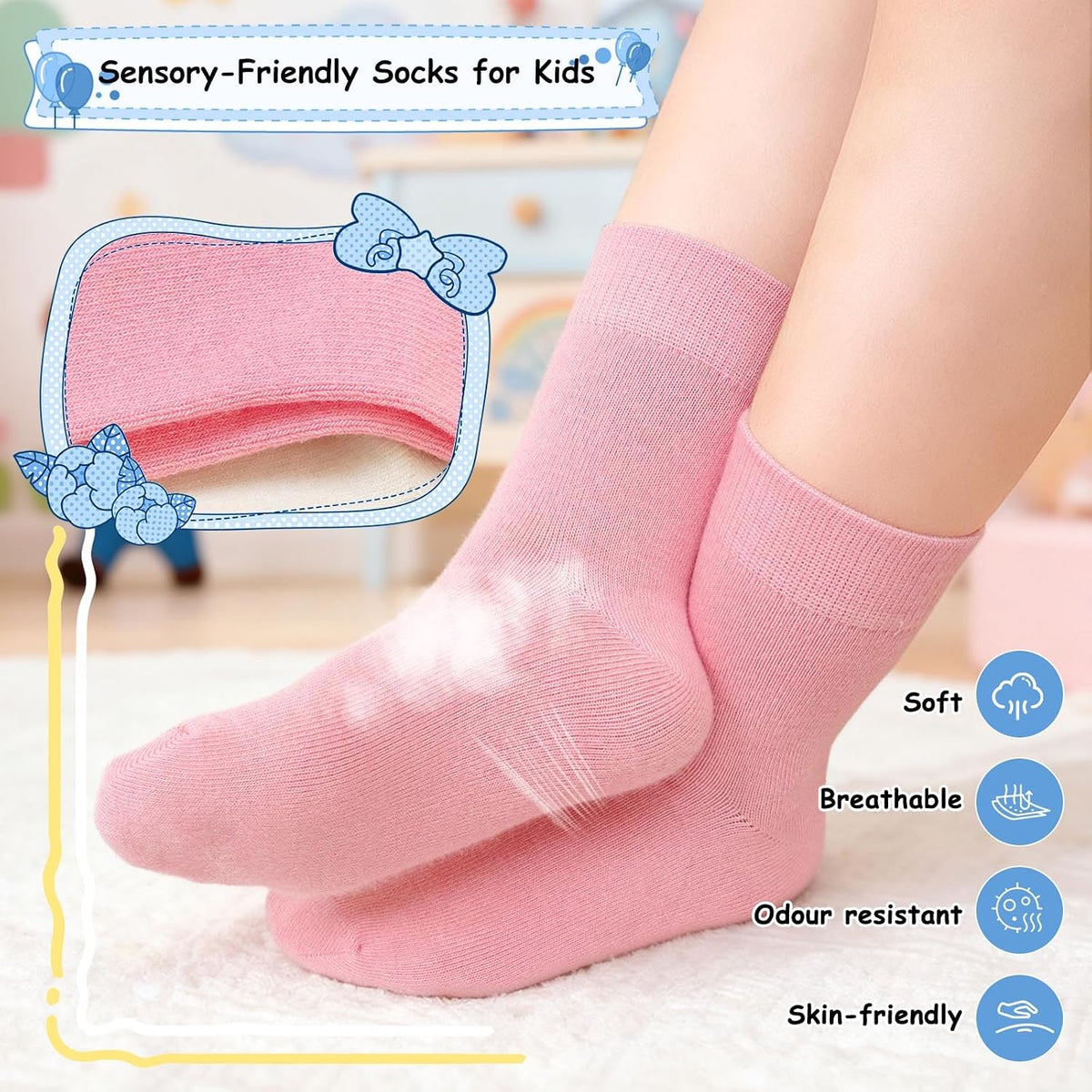 Artfasion Seamless Socks for Kids Girls: Sensory Friendly Socks for 2-12 T