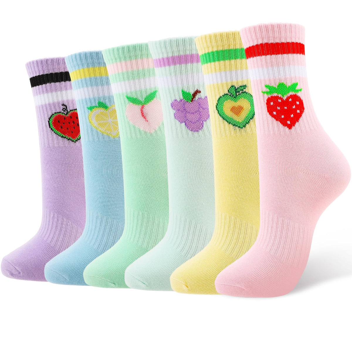 6 Pairs Girls Athletic Cotton Socks Fruits Heart Crew Socks
