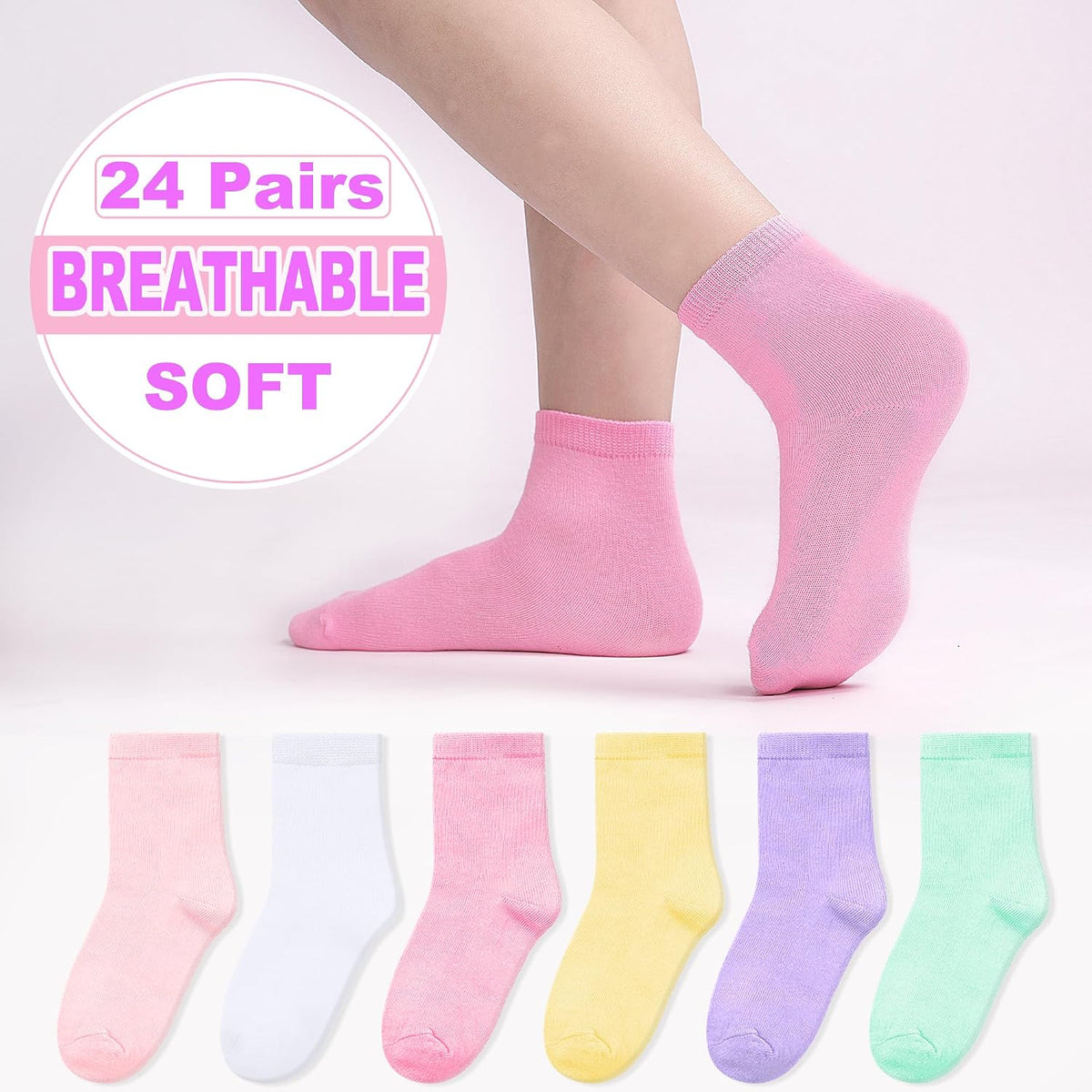 24 Pairs Girls Solid Crew Socks, Kids School Uniform Athletic Socks Ages 1-14