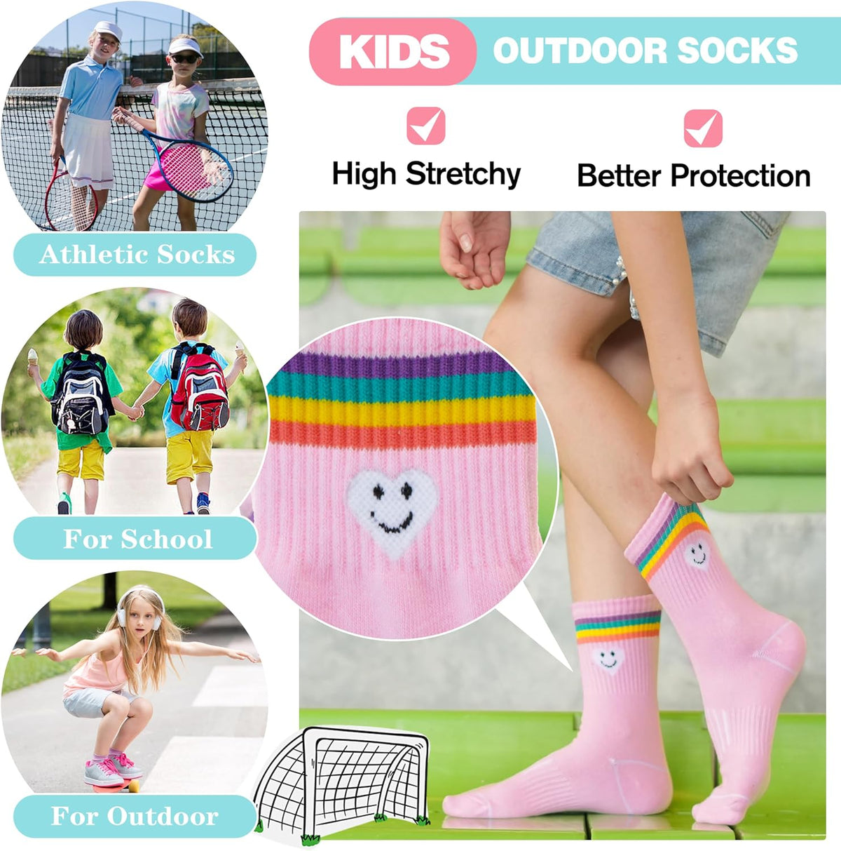 Sandsuced 6 Pairs Girls Kids Socks Athletic Basketball Sport Crew Youth Cotton Soft Breathable Socks for Outdoor