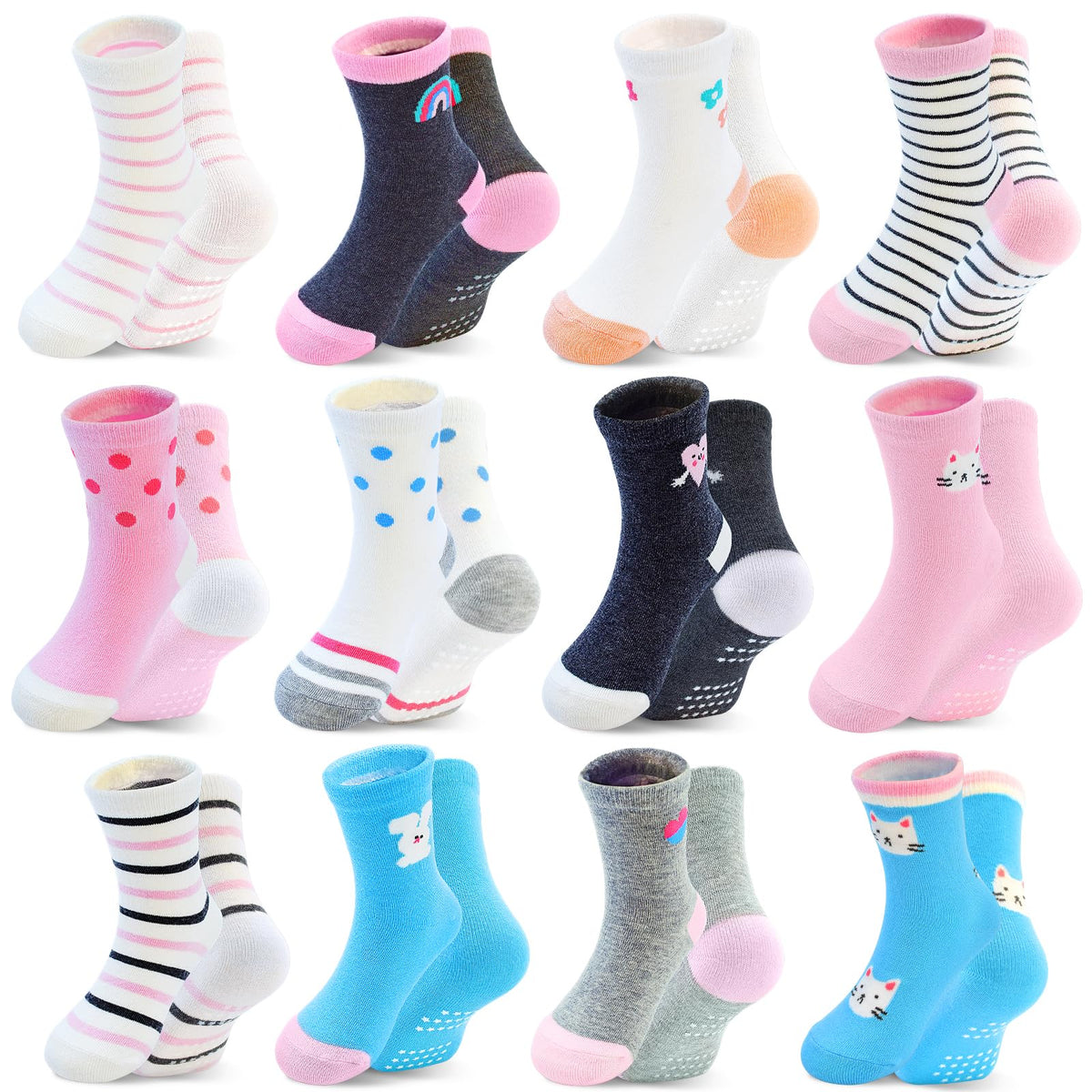 HYCLES 12 Pairs Toddler Socks, Non-Slip Cartoon Crew Grip Socks, 0-7 Years
