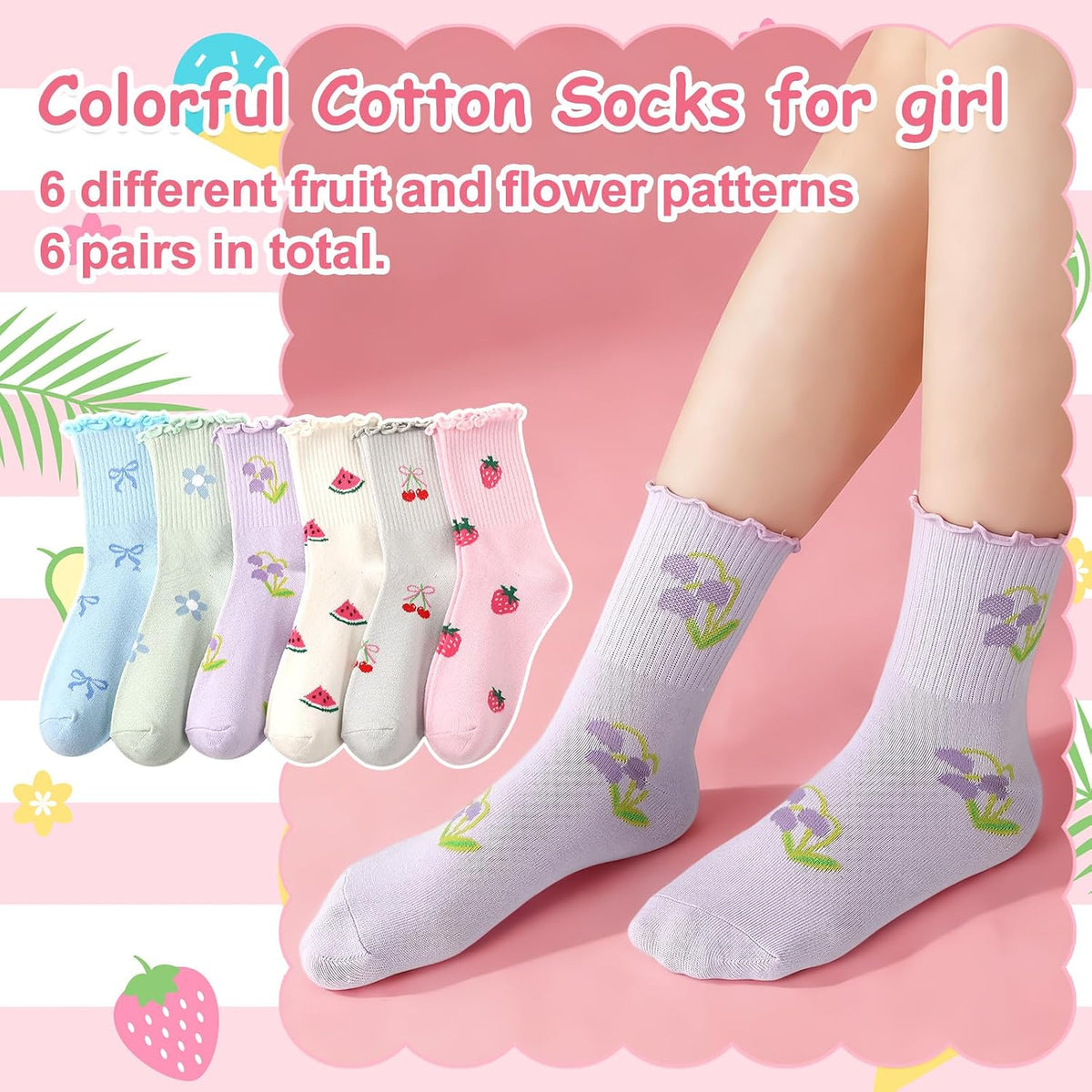 6 Pairs Girls Ruffle Crew Socks Cute Cotton Frilly Socks