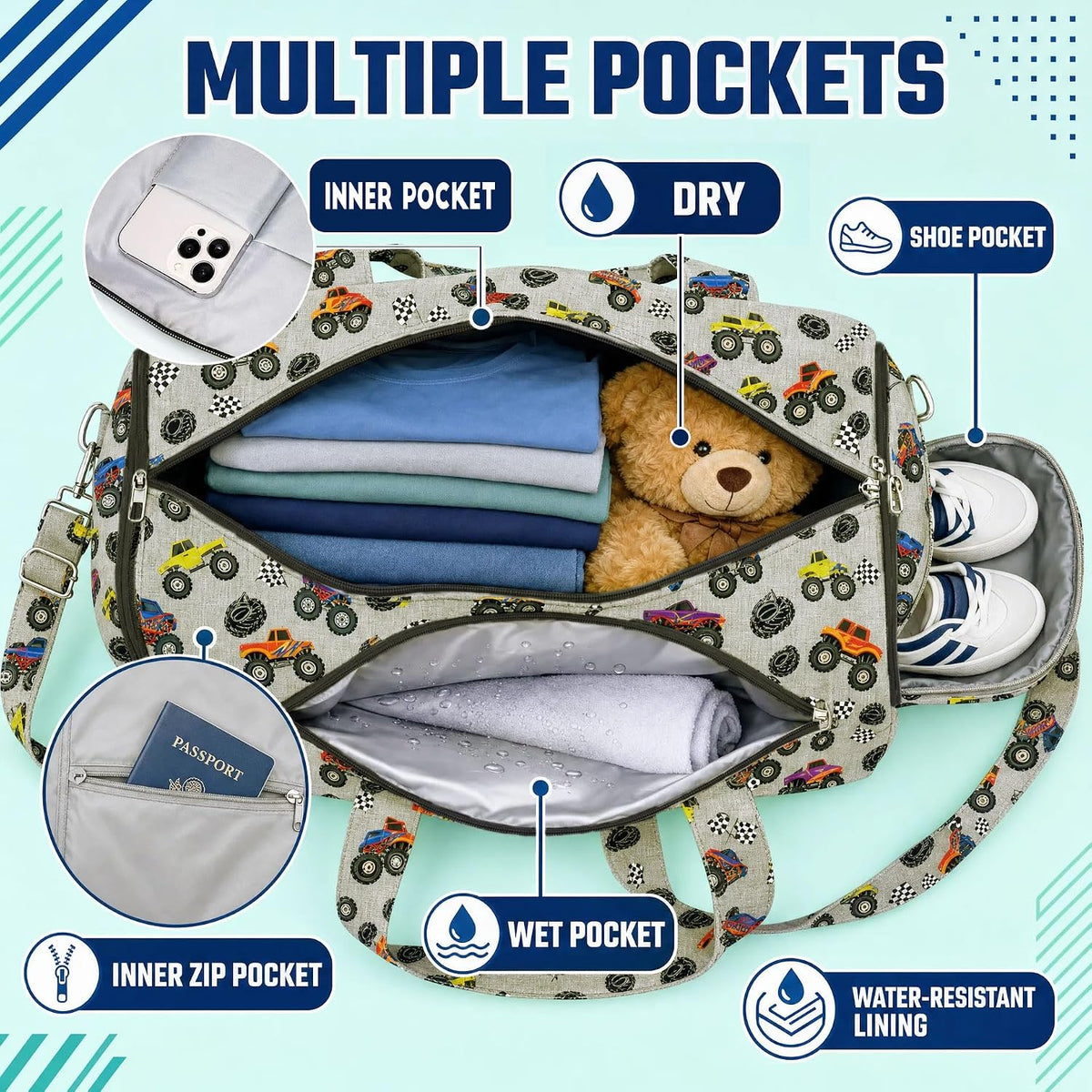 Travel Bag for Kids Sports Bag for Boys Kids Duffle Bag Boys Overnight Bag for Kid Weekender Bag Sleepover Bags for Boy Gym Bag with Shoe Compartment