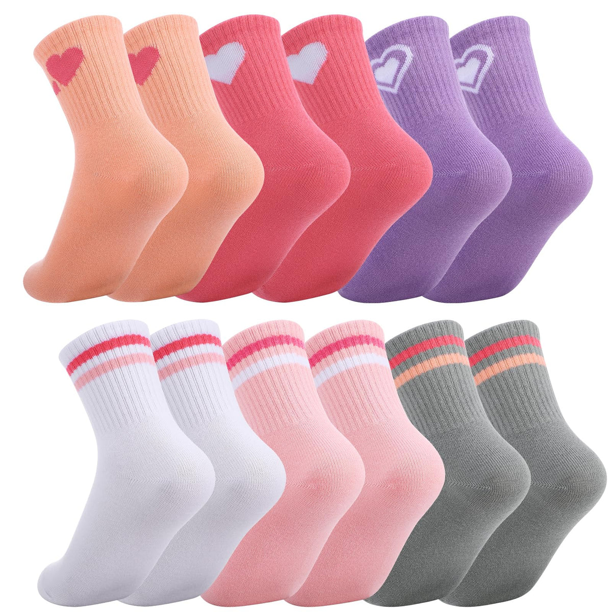 Jspupifip 6 Pairs Kids Girls Pink White Crew Athletic Socks Age 3-12 Years