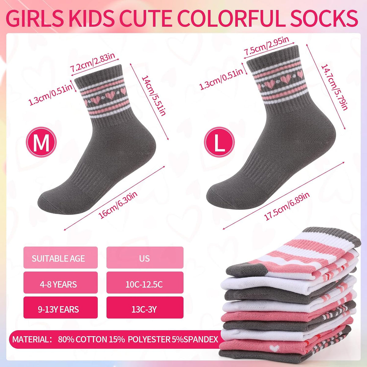 9 Pcs Girls Crew Socks, Cotton Striped Heart Kids Athletic Socks