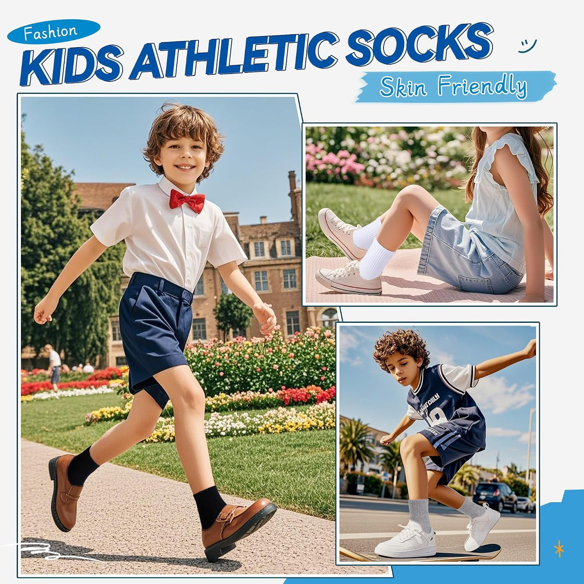 Eyean Kids Athletic Crew Socks Boys Girls Cotton School Uniform Casual Basic Socks 6 Pairs