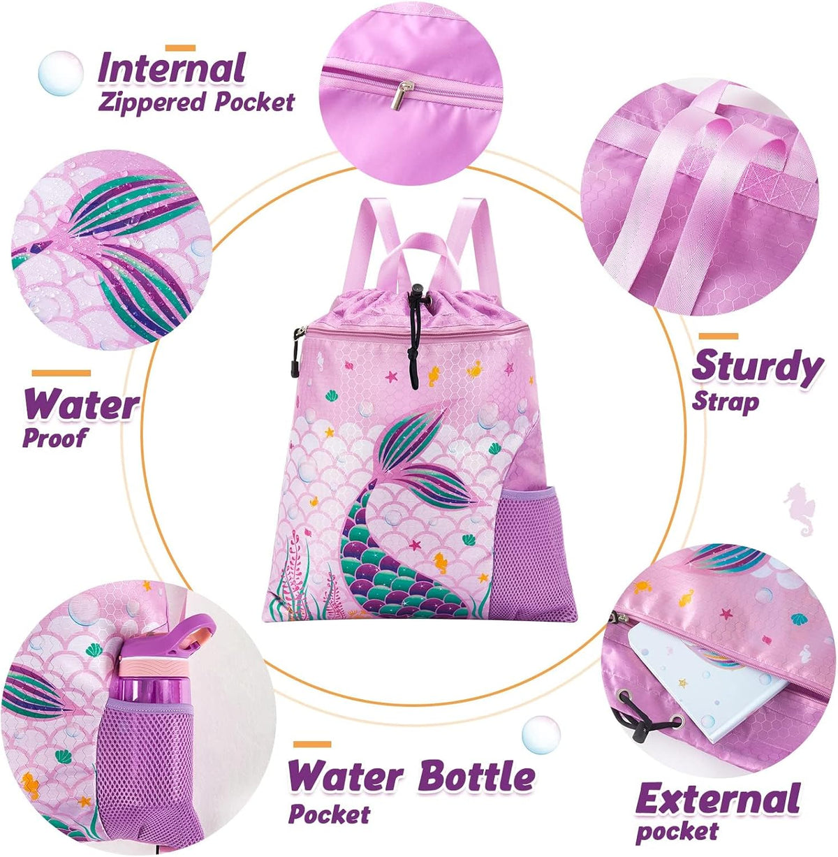 WAWSAM Gym Drawstring Backpack for Kids, Kids Drawstring Gym Cinch Bag with Bottle Pocket