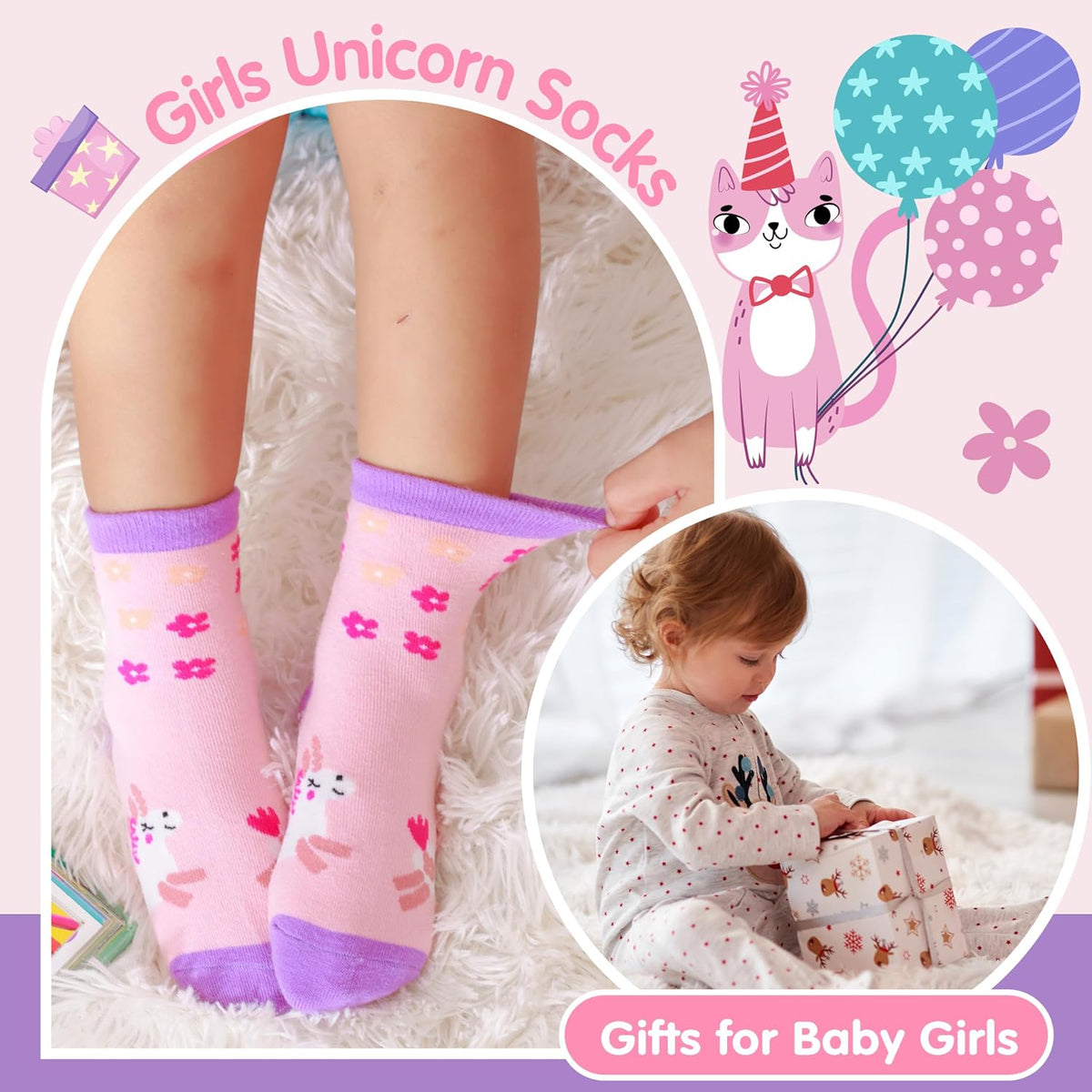 Welwoos Baby Girls Toddlers Grips Socks 12 Pairs Kids Anti Slip Non Skid Animal Funny Cartoon Crew Breathable Cotton Socks