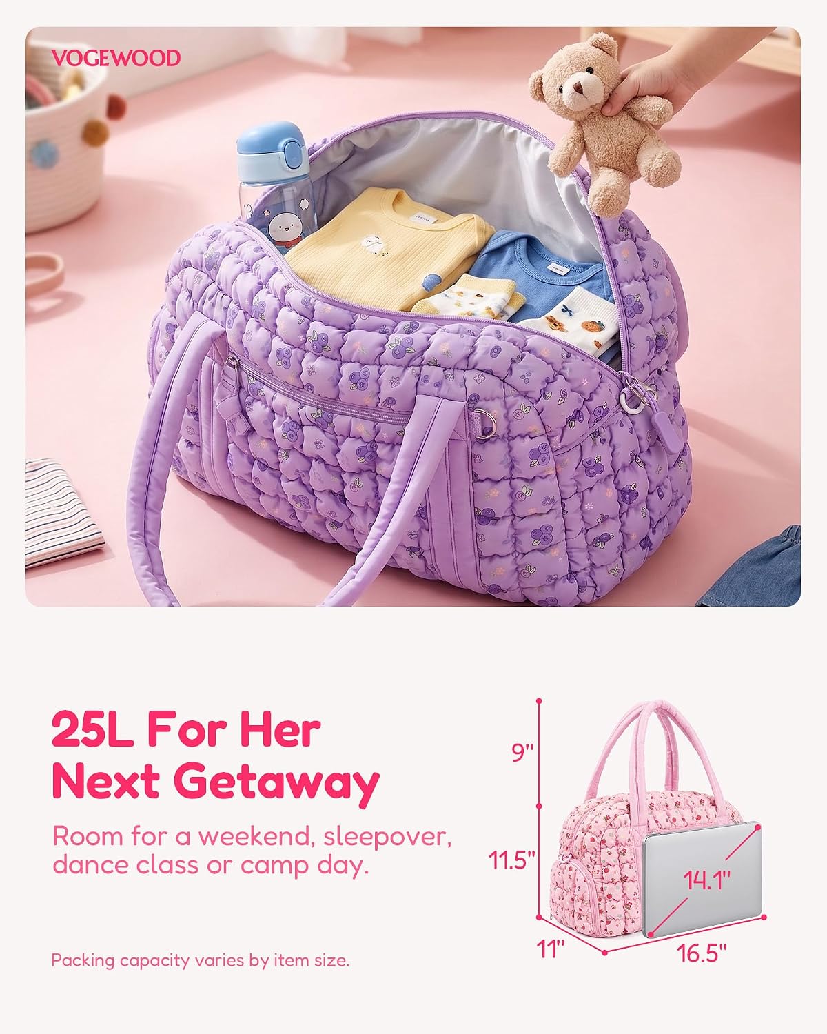 Duffel Bag for Girls Kids Teens Cute Dance Travel Gym Bags, Purple
