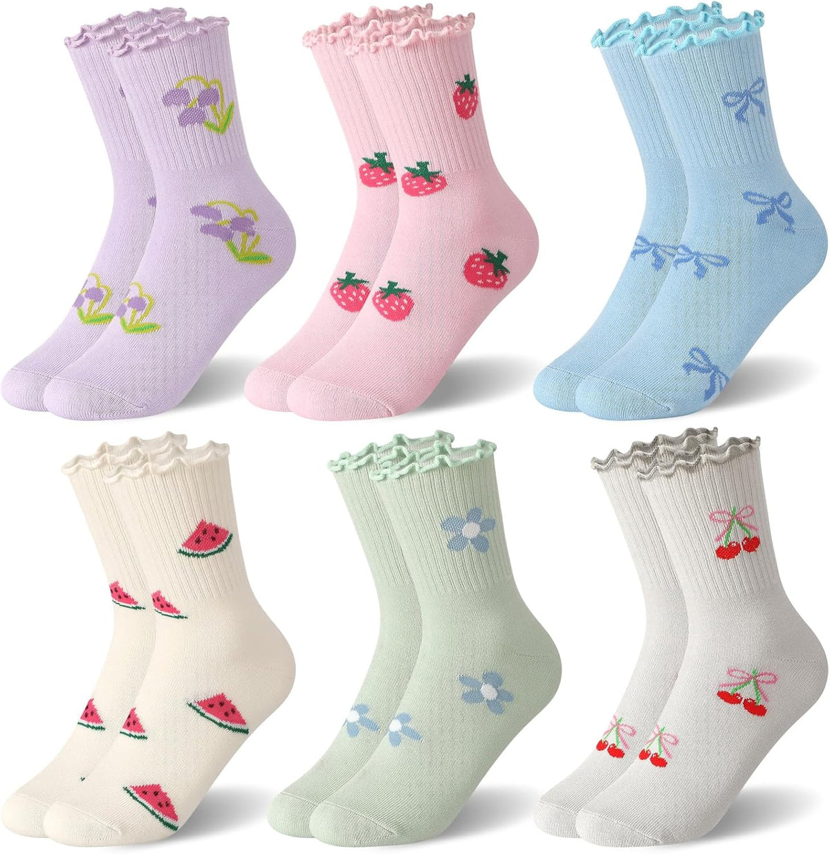 6 Pairs Girls Ruffle Crew Socks Cute Cotton Frilly Socks