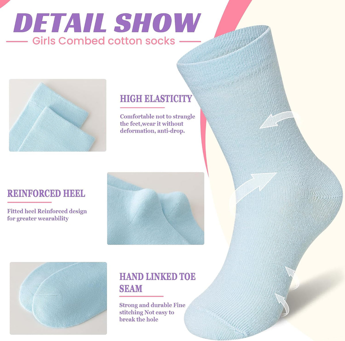 Eocom Girls Socks Little Kids Crew Socks Cotton Cute Youth Dress Socks 6 Pairs