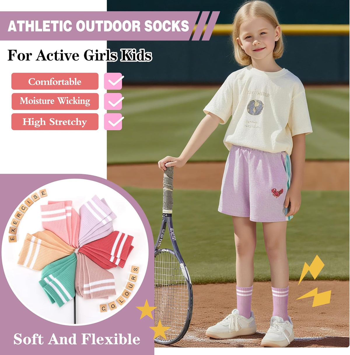 Kids Girls Athletic Sport Socks Basketball Outdoor Cotton Crew Breathable Socks 6 Pairs