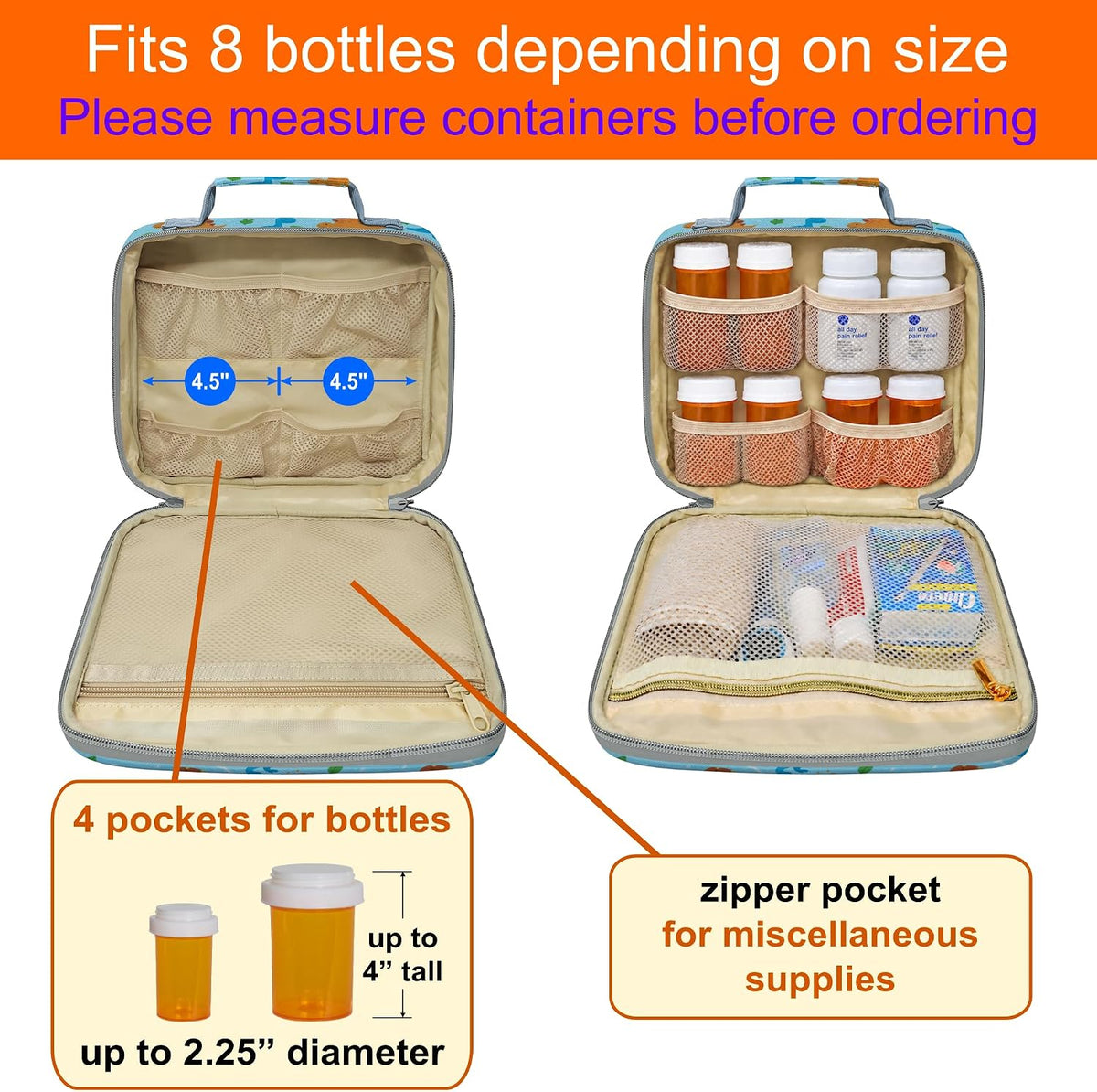 Medium Pill Bottle Organizer, Kids Travel Medicine Bag, Dinosaurs