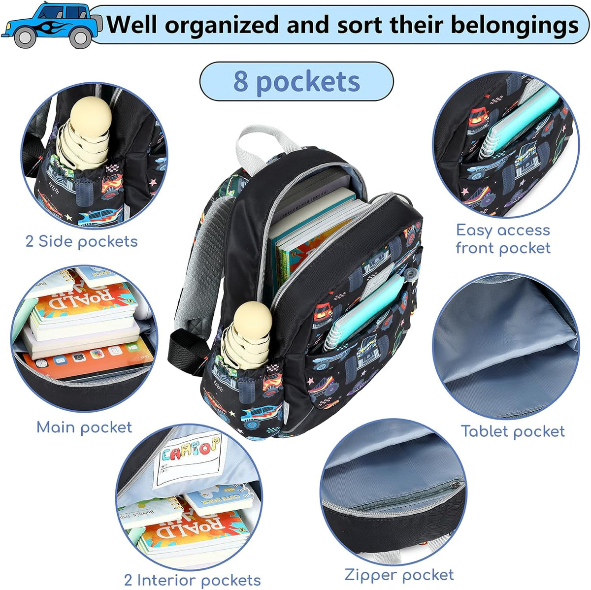 CAMTOP Toddler Backpack for Boys Girls 2-4, 12" H Kids Backpacks for Kindergarten Preschool, Small Bookbag for Daycare Travel (Black, 12''- Not fit A4 folder)