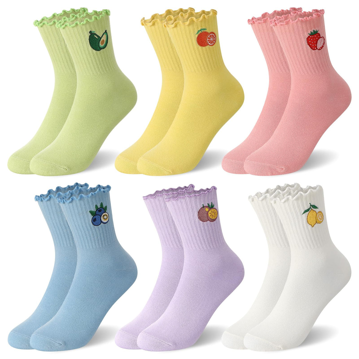 6 Pairs Girls Ruffle Crew Socks Cute Cotton Frilly Socks