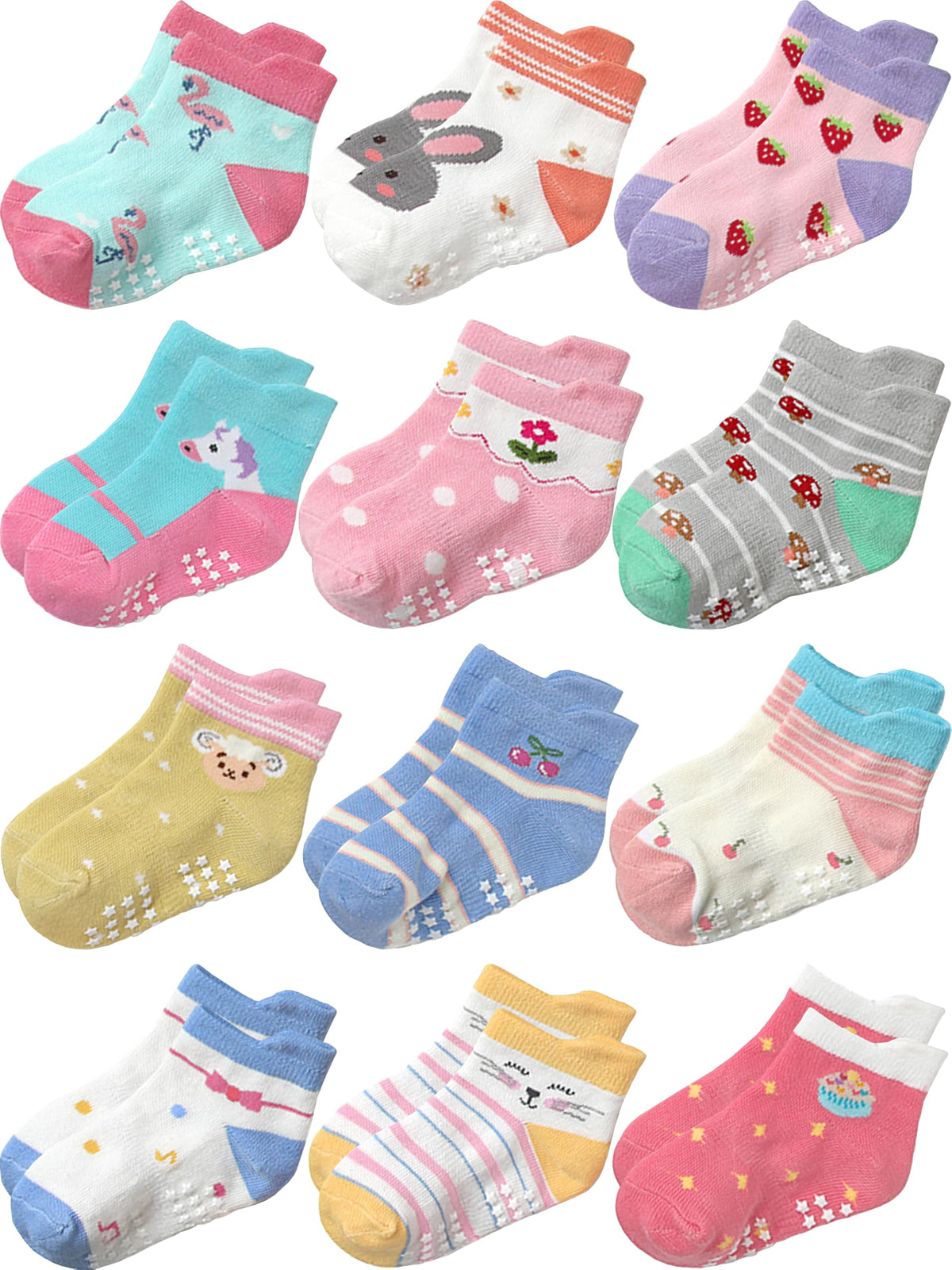Aroveea Toddler Socks Non Slip Grip Baby Girls Kids Ankle Cute 12 Pack