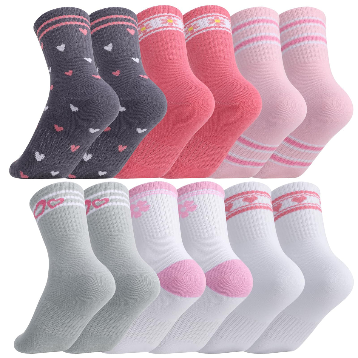 Jspupifip 6 Pairs Kids Girls Pink White Crew Athletic Socks Age 3-12 Years
