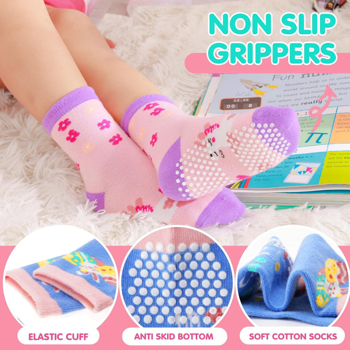 Welwoos Baby Girls Toddlers Grips Socks 12 Pairs Kids Anti Slip Non Skid Animal Funny Cartoon Crew Breathable Cotton Socks