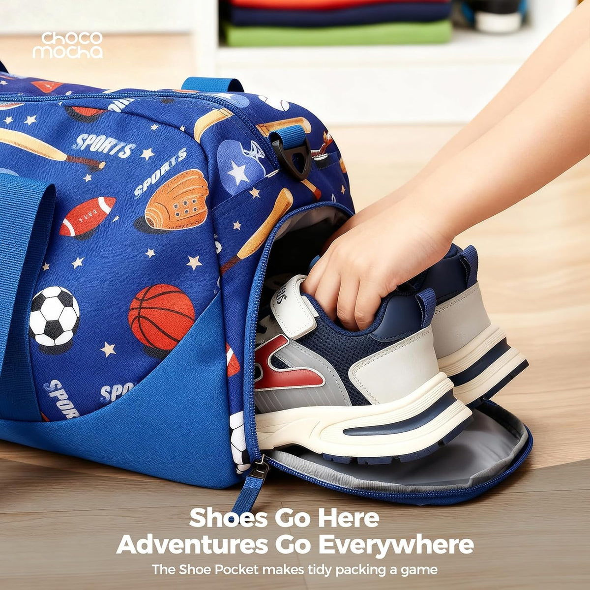 Choco Mocha Kids Duffle Bag, Boys Basketball Overnight Travel Bags for Weekender Kid with Shoes Compartment, Large Sleepover Bag for Gym Blue