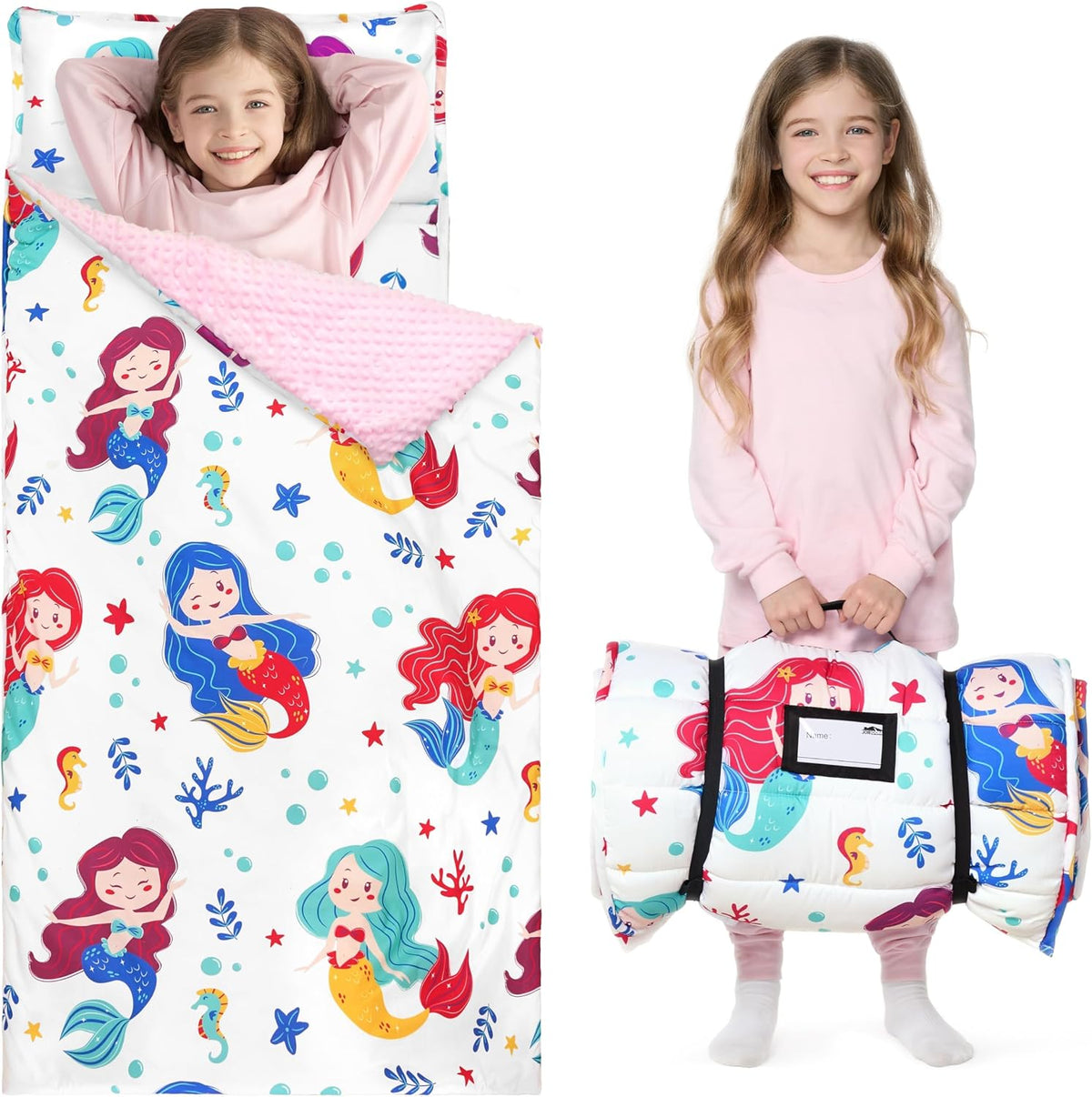 JOIEDOMI Toddler Nap Mat with Removable Pillow and Minky Blanket 55''x30'' Kids Sleeping Bag for Boys and Girls Ages 3-6 Roll Up Soft Nap Mats for Preschool Kindergarten Daycare Sleepover