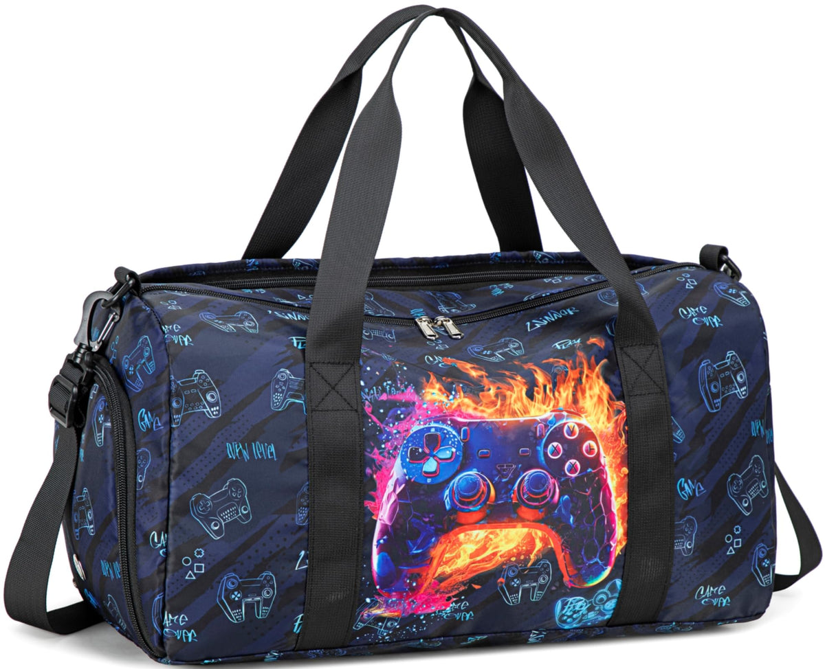 CAMTOP Kids Duffel Overnight Bag Boys Girls Toddler Weekender Carry-On Personalized Tote for Travel Gym Sport (A-Blue Dinosaur)