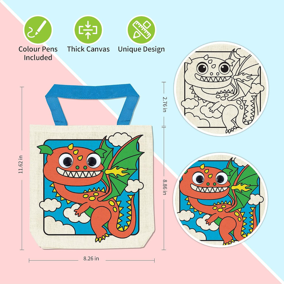 12 Pieces Kids Coloring Goodie Bags, Reusable Canvas Bag, Cute Art Party Favors, Color Your Own Bags for DIY Painting Birthday Carnival Celebration, Party Supplies Gift, Girls and Boys