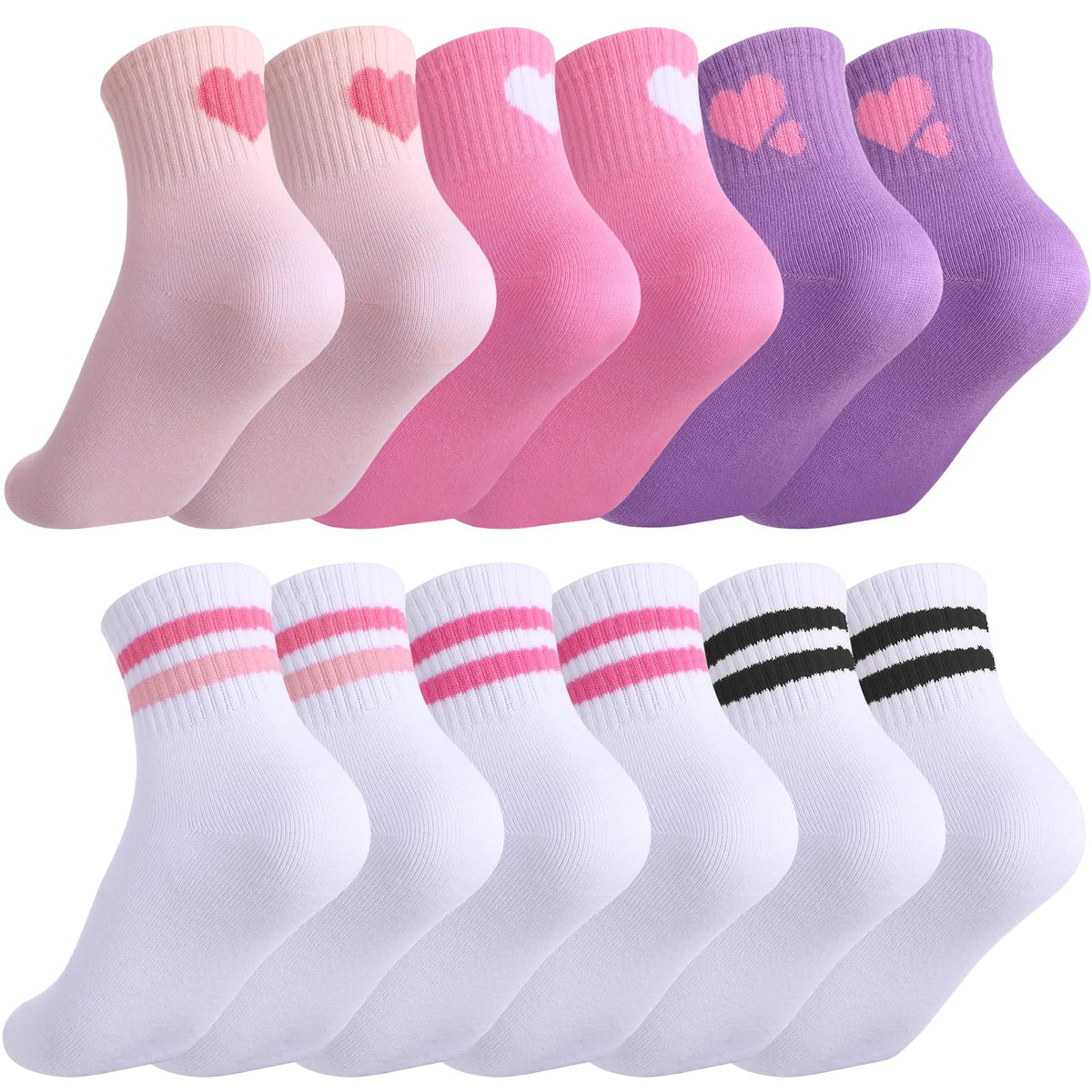 Jspupifip 6 Pairs Kids Girls Pink White Crew Athletic Socks Age 3-12 Years