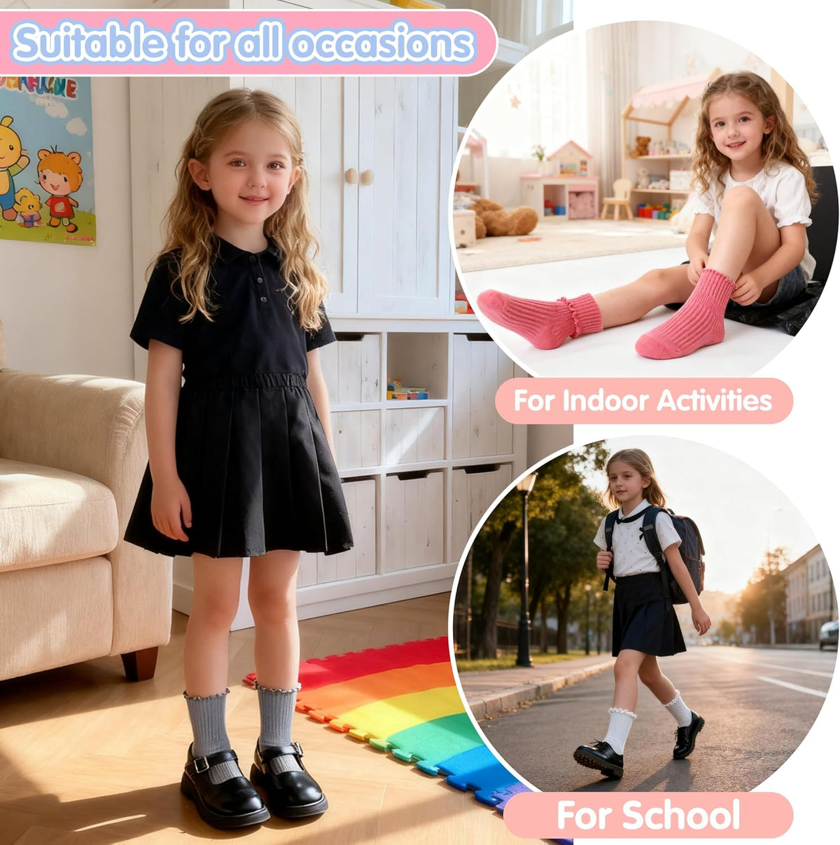 Baby Girls Toddlers Ruffle Grip Socks Uniform School Dress Anti Slip Non Skid Frilly Breathable Crew Cotton Socks 9 Pairs