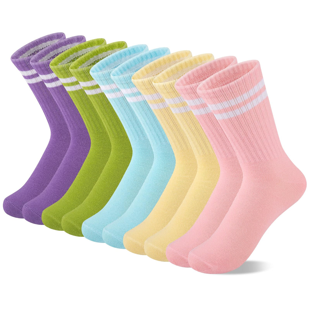 Comfoex 10 Pairs Girls Crew Cotton Socks Athletic Calf Striped Soft Casual Socks For Kids 4-6 6-8 8-10 Years Old