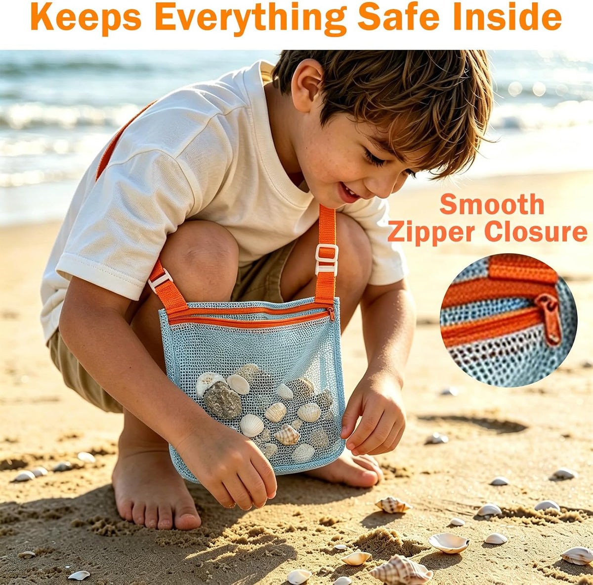 Pack of 3 Shell Collecting Bag, Mesh Shelling Bag for Beach, Adjustable Kids Sea Shell Bags, Quick Dry Shelling Bags for Seashell Sand Toy Swimming Accessories (7.9 * 9.4in)