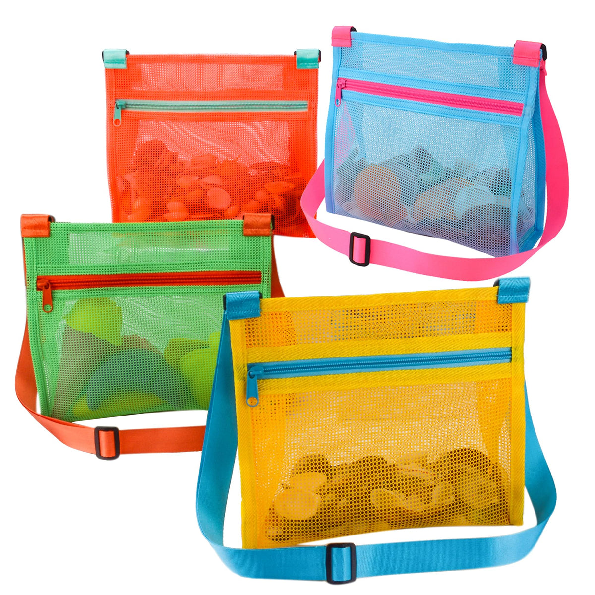 MUYIZI Mesh Beach Bag for Shells Collecting 4 Pack,Shell Bags for Beach,Sea Shell Bags for Picking Up Shells,Beach Shell Bag for Kids, Beach Toys Sand Toys Swimming Accessories for Boys and Girls