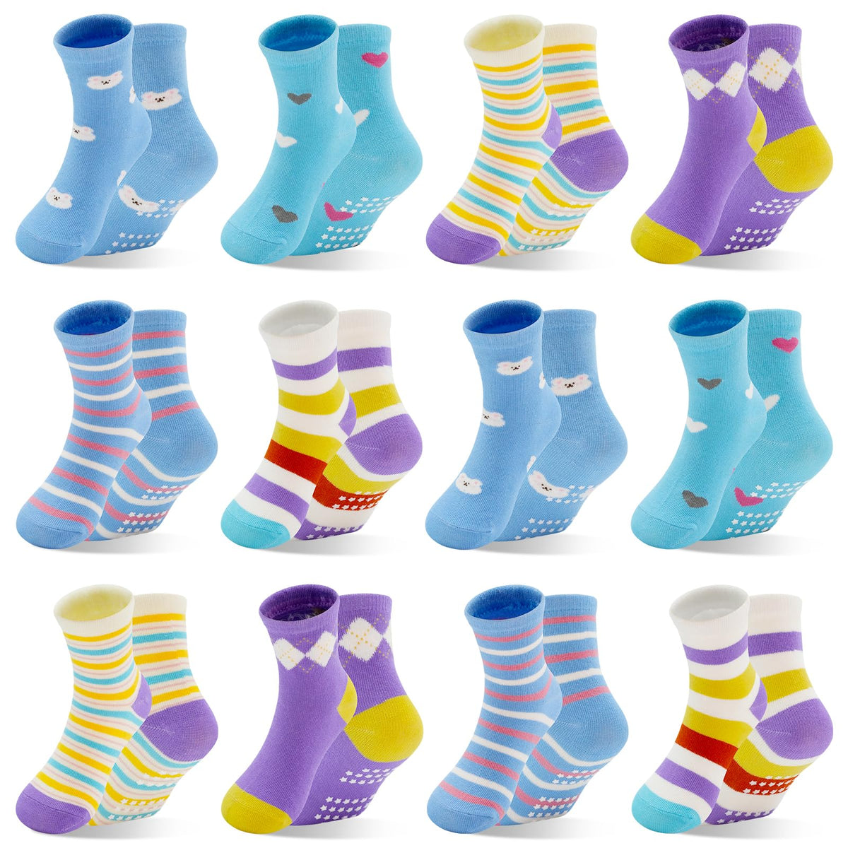 HYCLES 12 Pairs Toddler Socks, Non-Slip Cartoon Crew Grip Socks, 0-7 Years