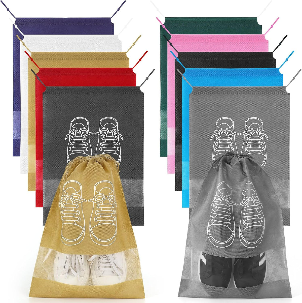 10 Pcs Portable Travel Shoe Bags, 17.3 x 12.6 Inches Waterproof Non-Woven Shoe Organizers Storage Bags, Large Drawstring Shoes Pouch Packing Organizers with Rope for Men, Women, Children