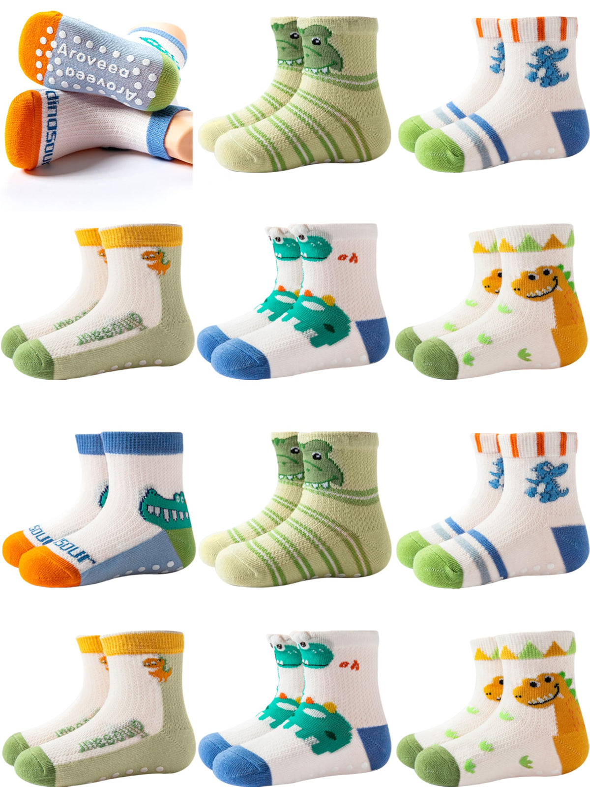 Aroveea Toddler Socks Non Slip Grip Ankle Baby 12 Pack for Kids Boys Girls