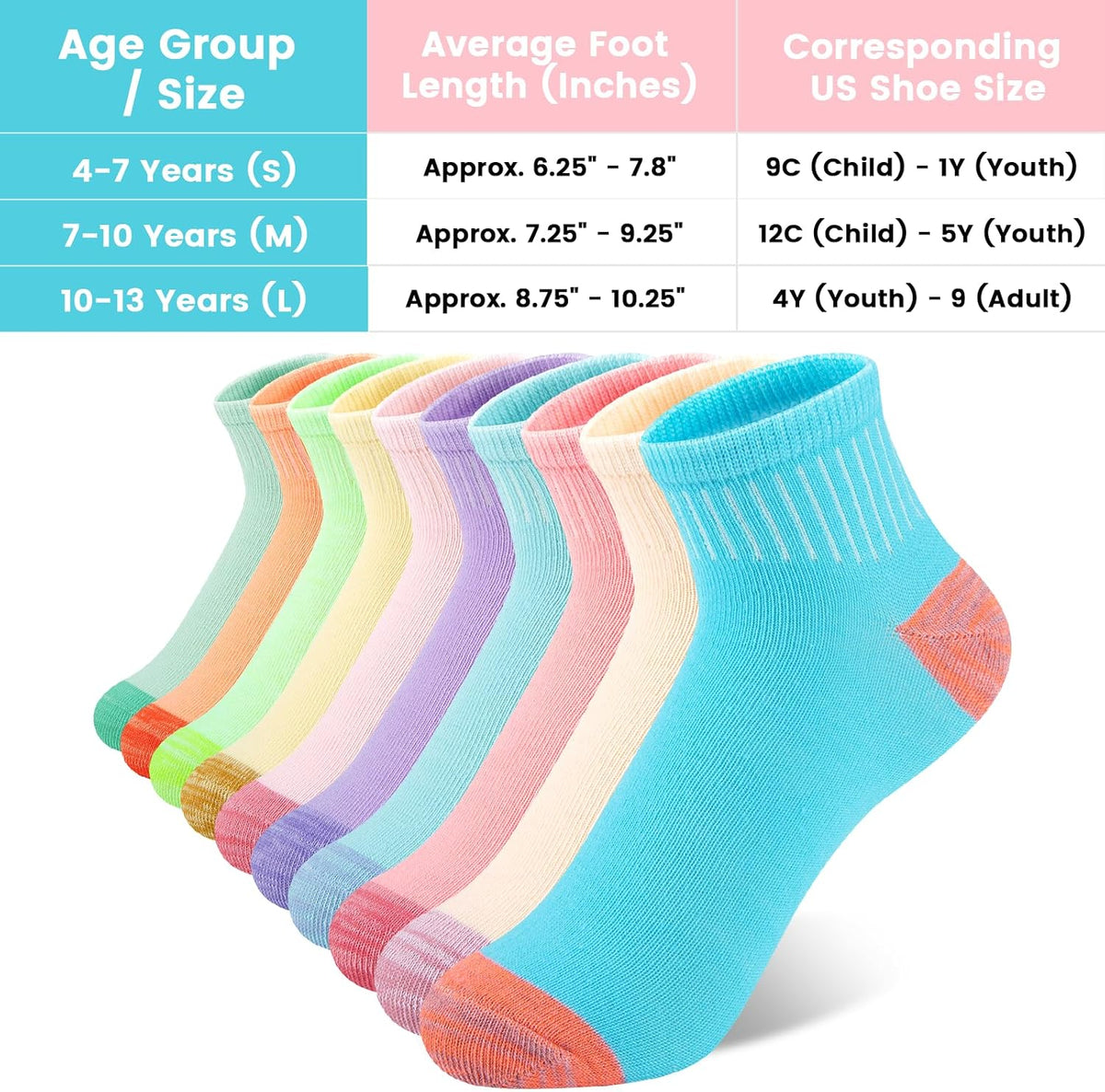 20 Pairs Girls Ankle Socks, 4-7/7-10/10-12 Years Old, Color&White Socks for Kids, Comfortable Little Girls Sock