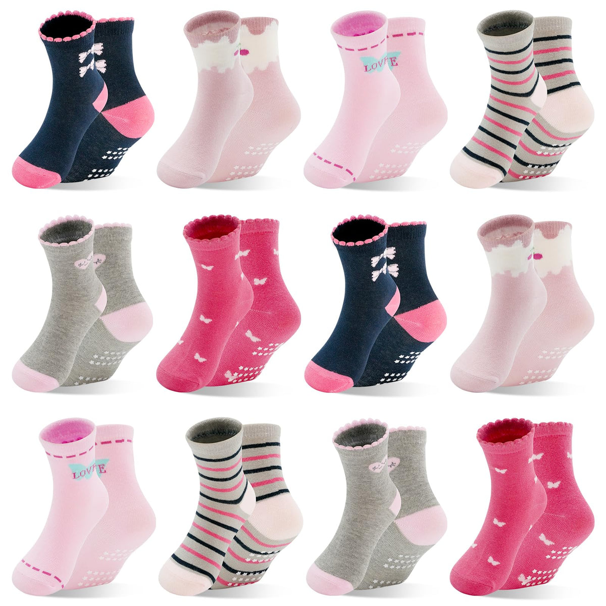 HYCLES 12 Pairs Toddler Socks, Non-Slip Cartoon Crew Grip Socks, 0-7 Years