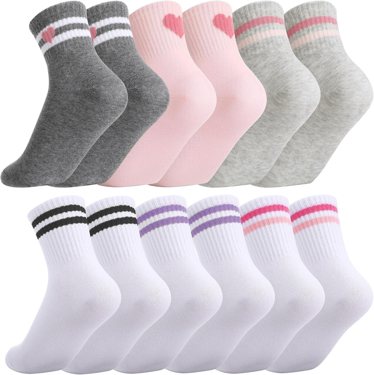Jspupifip 6 Pairs Kids Girls Pink White Crew Athletic Socks Age 3-12 Years