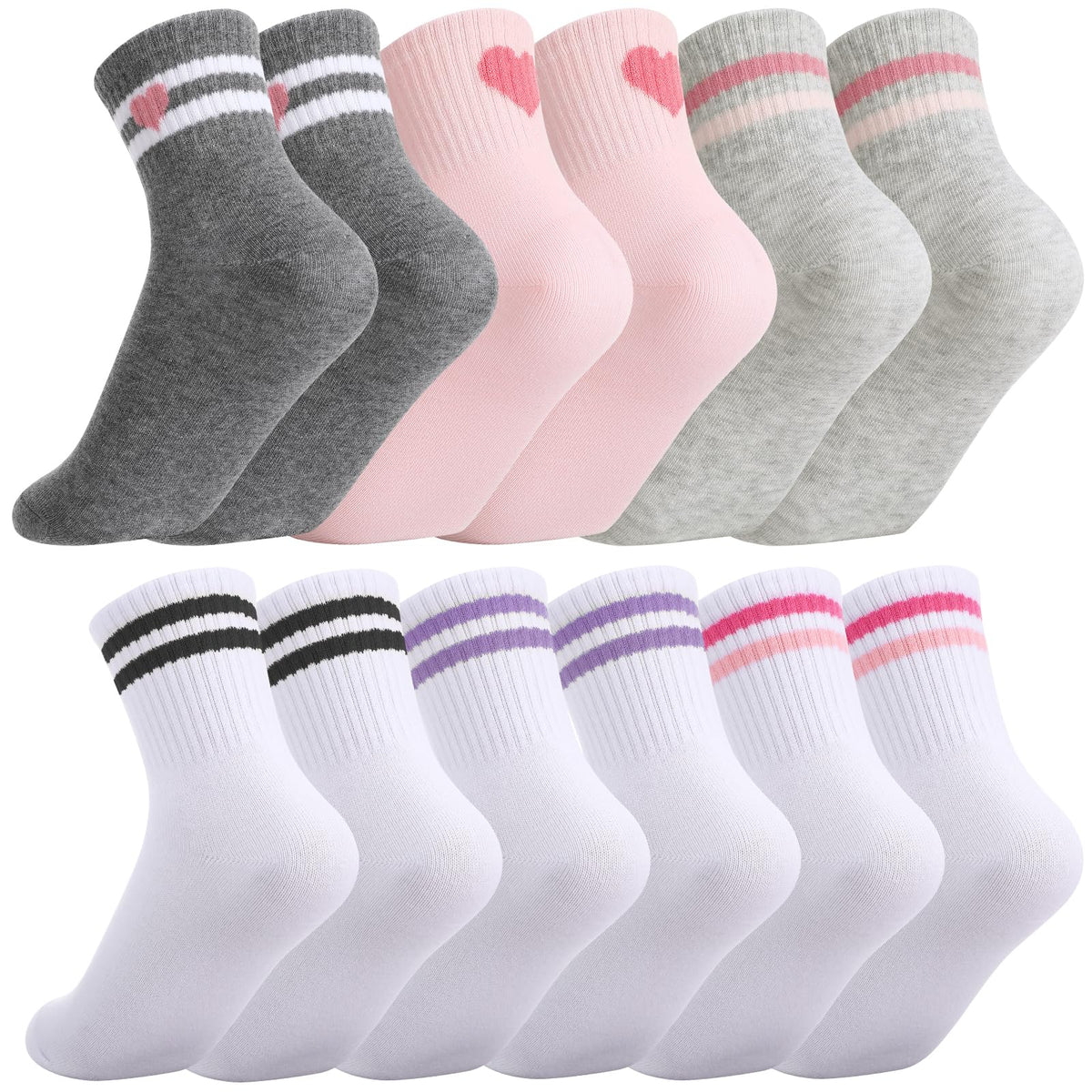 Jspupifip 6 Pairs Kids Girls Pink White Crew Athletic Socks Age 3-12 Years