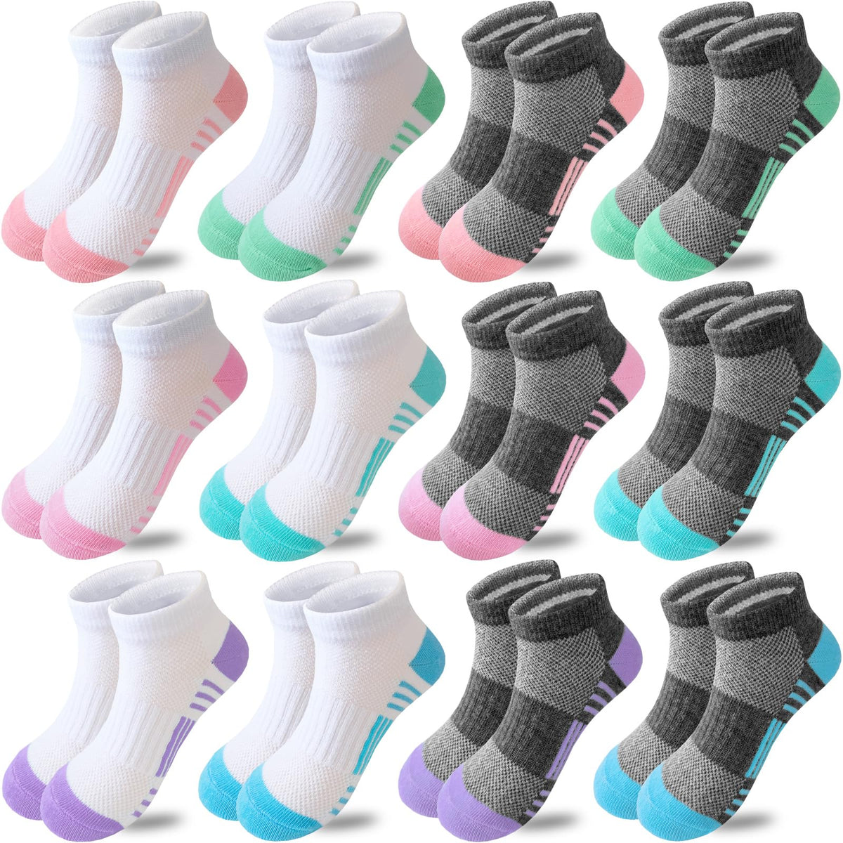 Bemeol Girls Socks 12 Pairs Ankle Socks Girls Athletic Cotton Sports Low Cut Sock for Little Big Kids
