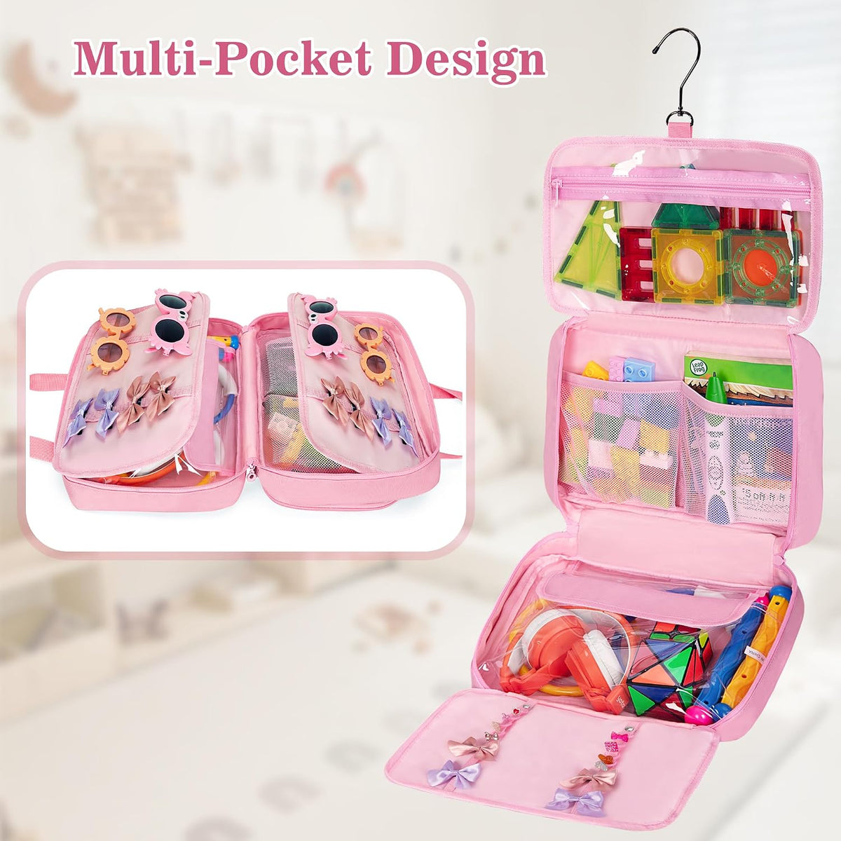 Kids Travel Toy Organizer with Hanging Hook, Storage Bags for Child’s Toys