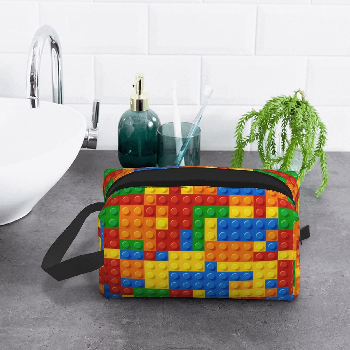 Kids Travel Toiletry Bag for Boys Girls - Waterproof Makeup Pouch Hanging Cosmetic Wash Bags Dopp Kit Shaving Bag for Toiletries Accessories(Colorful Building Blocks)