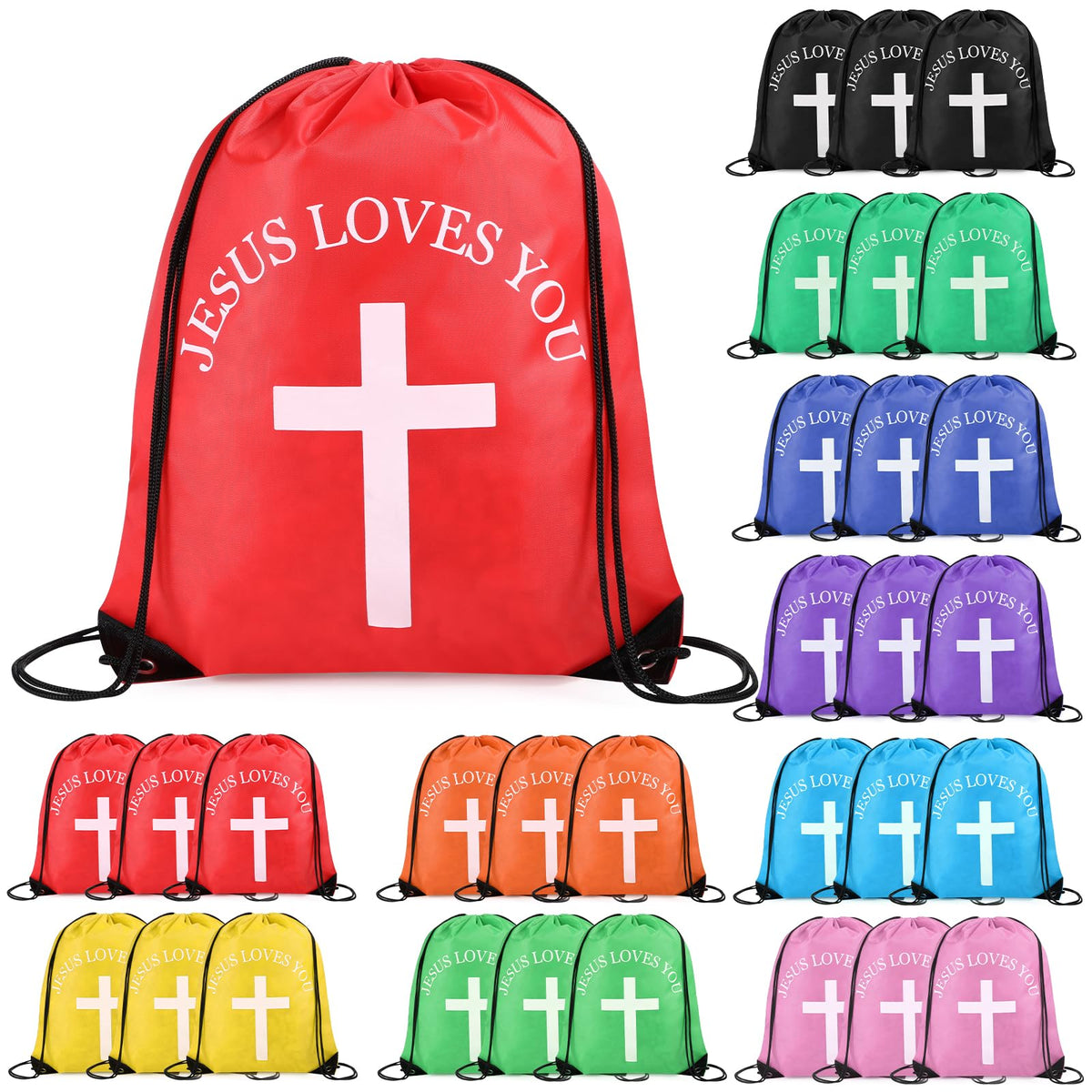 20 Pcs Large Jesus Loves You Drawstring Bags Bulk Multicolor
