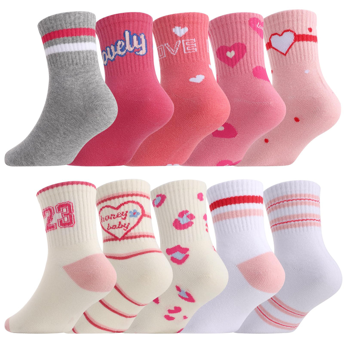 Kids Girls Crew Socks Cotton Athletic Socks with Stripe Hearts
