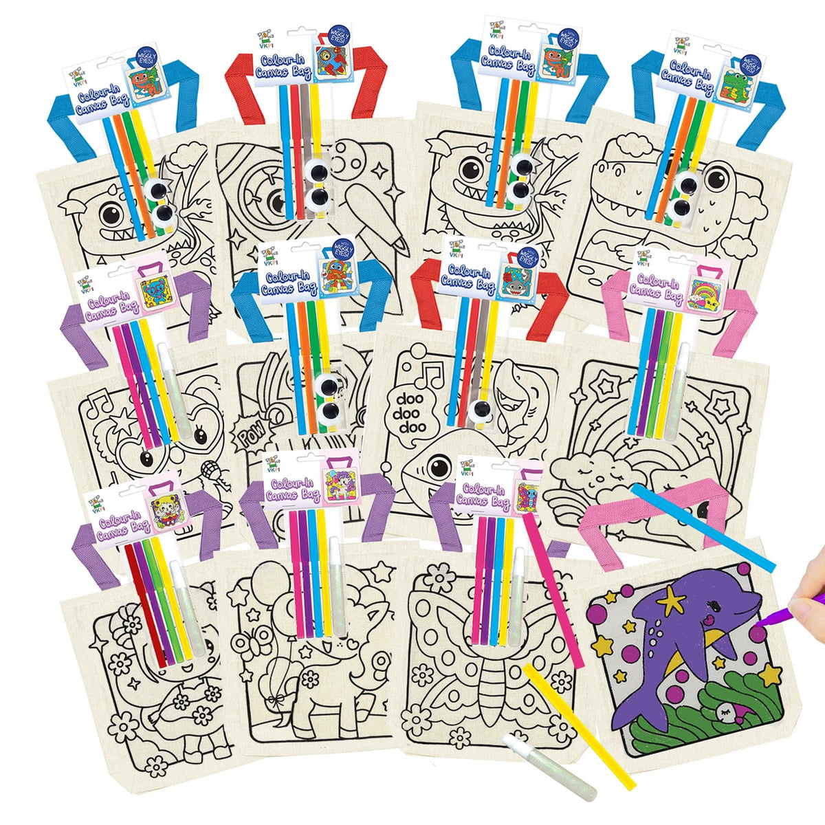 12 Pieces Kids Coloring Goodie Bags, Reusable Canvas Bag, Cute Art Party Favors, Color Your Own Bags for DIY Painting Birthday Carnival Celebration, Party Supplies Gift, Girls and Boys