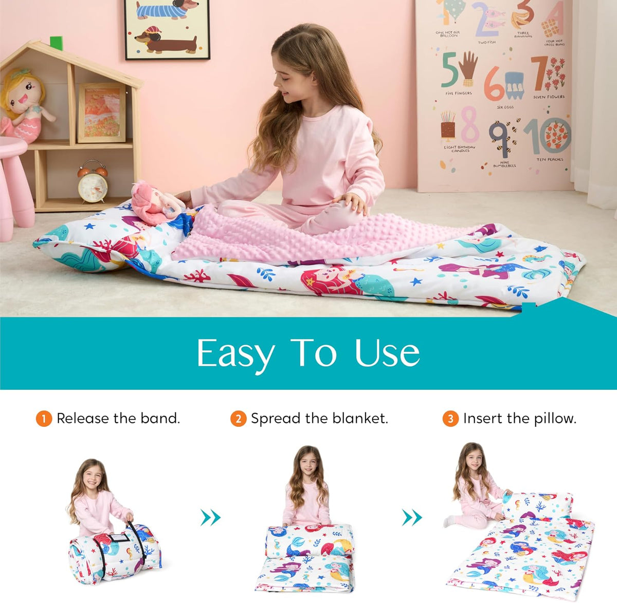 JOIEDOMI Toddler Nap Mat with Removable Pillow and Minky Blanket 55''x30'' Kids Sleeping Bag for Boys and Girls Ages 3-6 Roll Up Soft Nap Mats for Preschool Kindergarten Daycare Sleepover